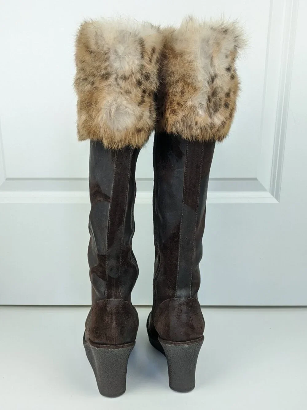 DONALD PLINER Tiara Dark Brown Distressed Suede Wedge Boots with Fur Cuffs
